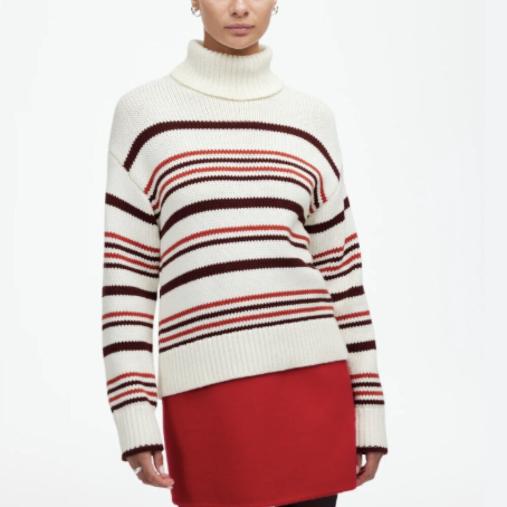 NWT Madewell Ribbed Cotton Turtleneck Sweater in Cabernet Stripe Red Size Small
